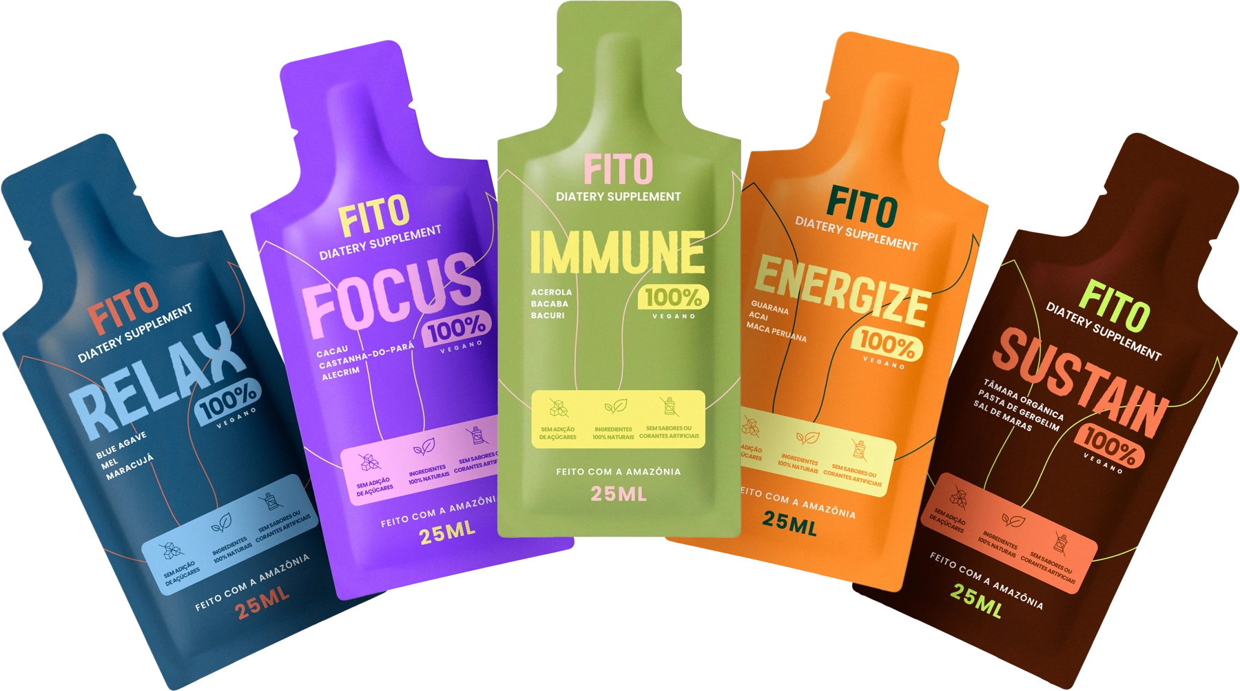 Linha de sachês Relax, Focus, Immune, Energize e Sustain